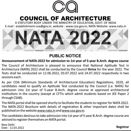 NATA 2022 Notification