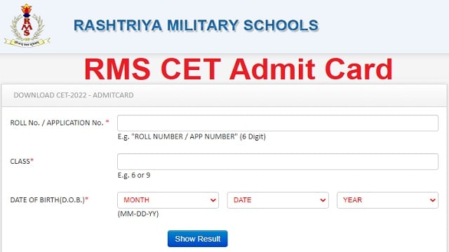 RMS CET Admit Card 2023 Out @ rashtriyamilitaryschools.edu.in Class 6th & 9th Hall Ticket