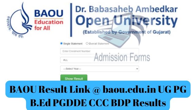 BAOU Result Link @ baou.edu.in UG PG B.Ed PGDDE CCC BDP Results