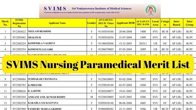 SVIMS Nursing Paramedical Merit List